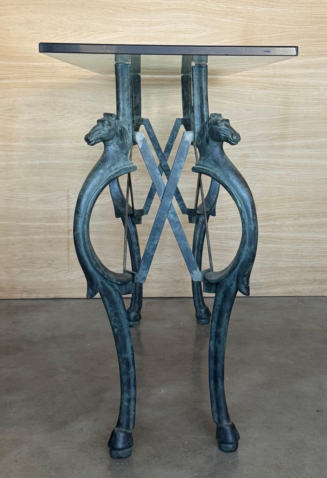 Neoclassical Revival Italian Bronze & Iron Console Table W Horse Details. 1950s photo vintage