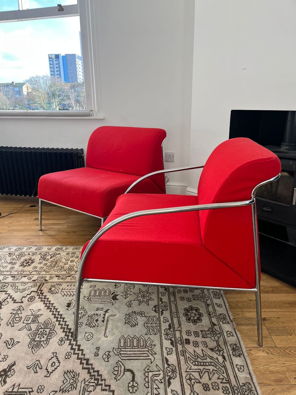 Set Of 'Stylex' Retro Red Accent Armchairs With Chrome Legs photo for sale