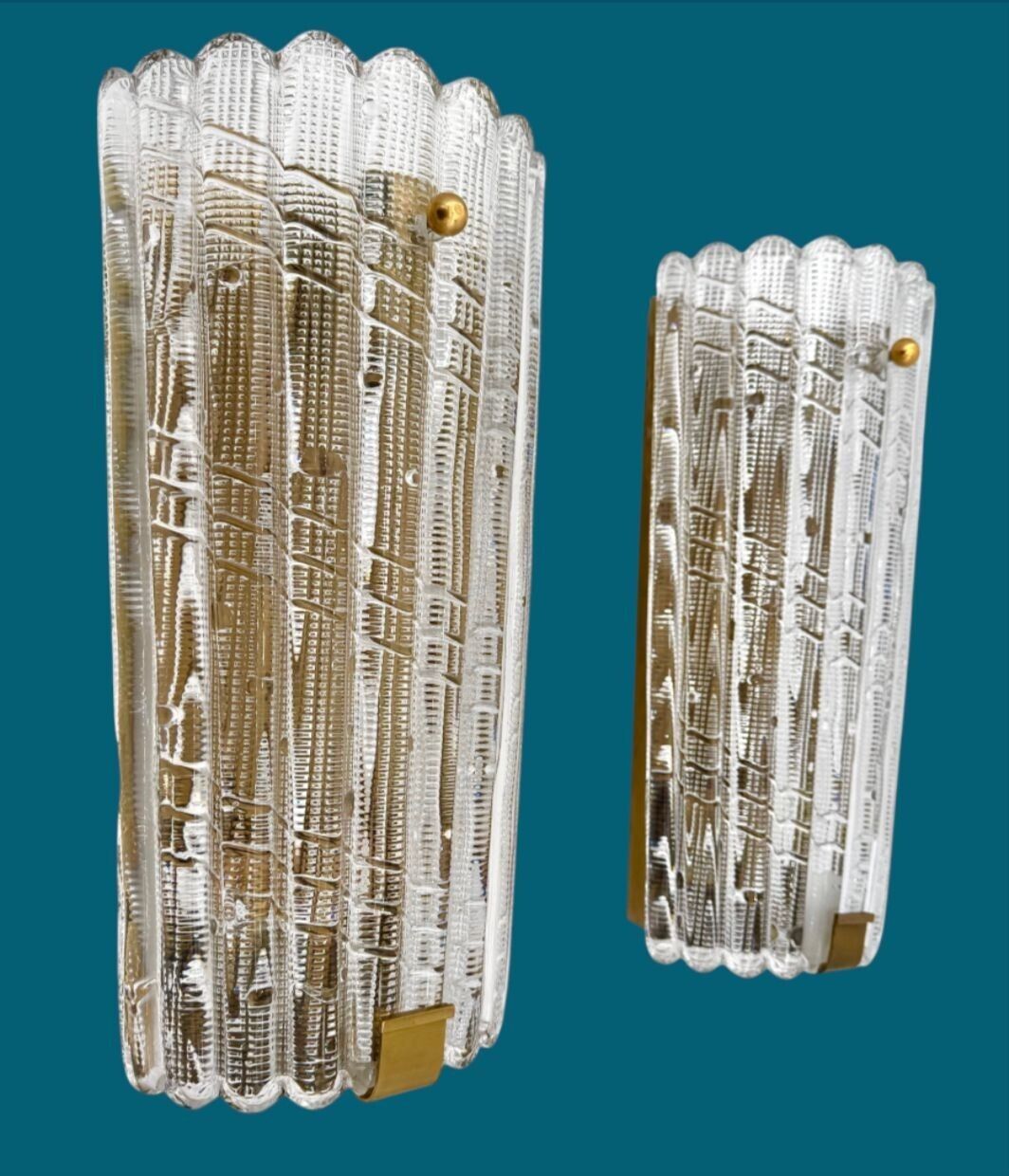 A Large Pair Of Swedish 1960s Orrefors Glass And Brass Wall Sconces By Carl Fagerlund photo vintage