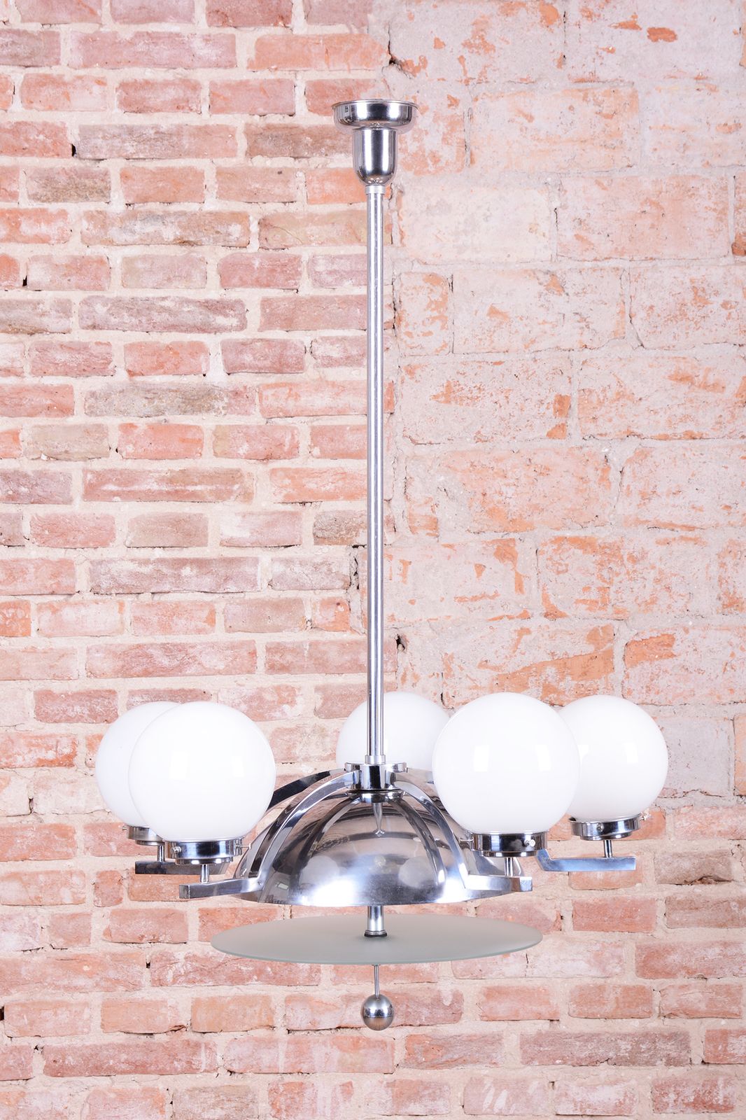 Restored Bauhaus Chandelier, Chrome Plated Steel, Opaline Glass, Czech, 1930s photo furniture