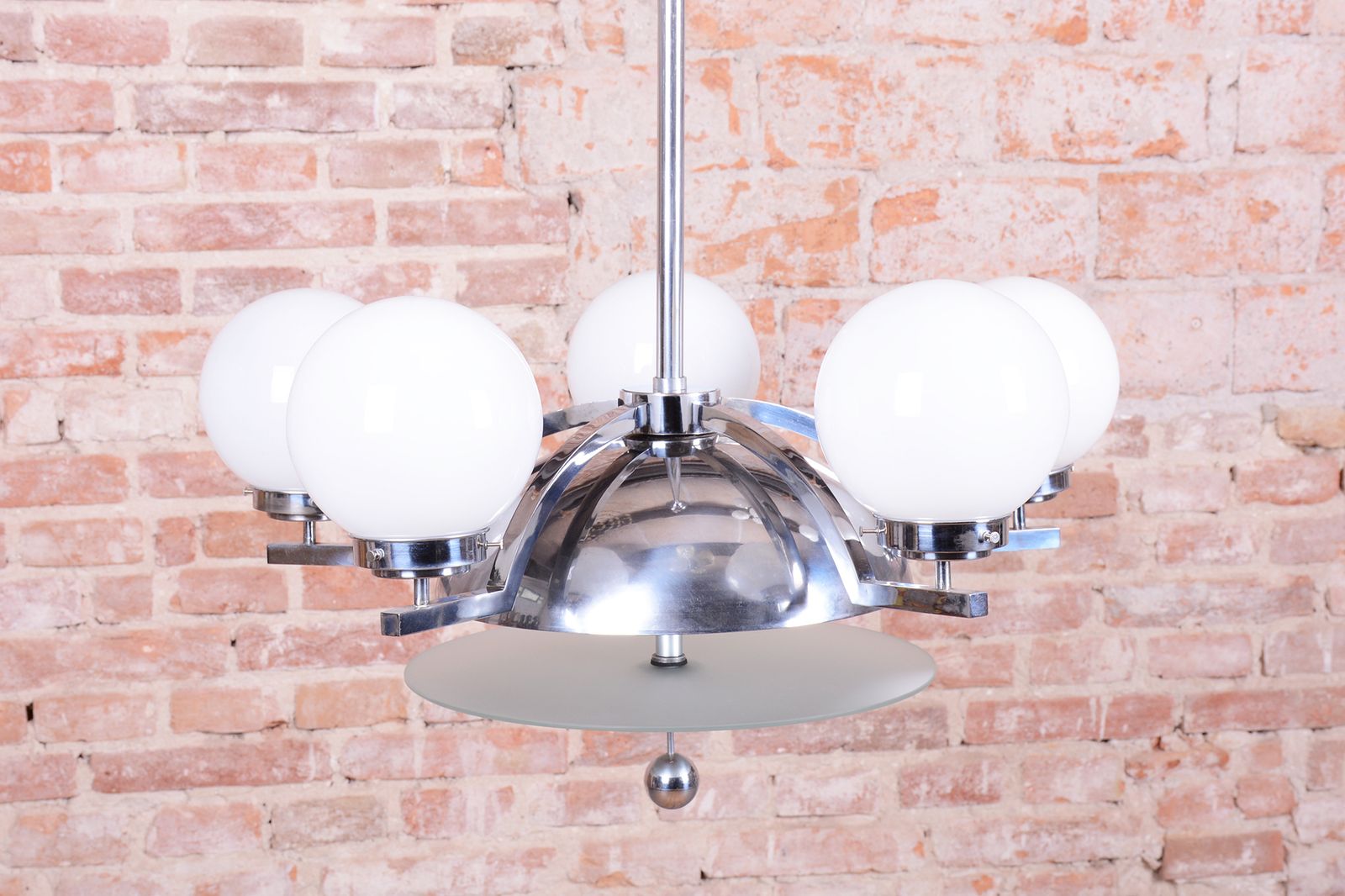 Restored Bauhaus Chandelier, Chrome Plated Steel, Opaline Glass, Czech, 1930s photo for sale