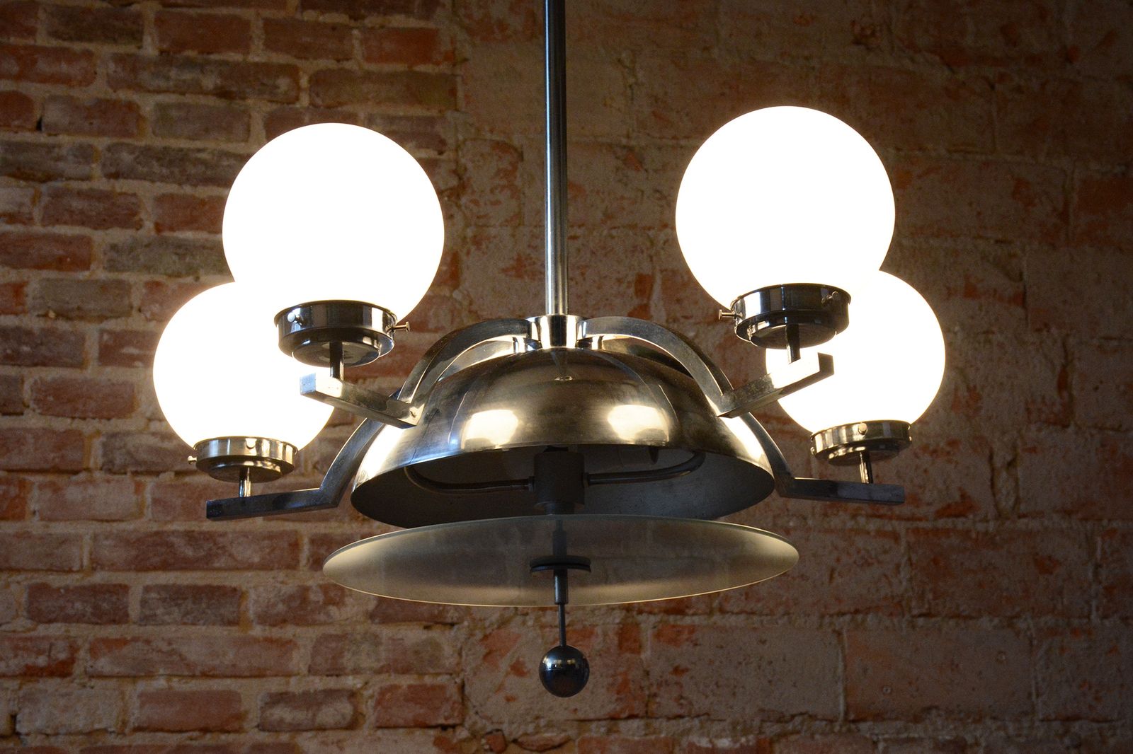 Restored Bauhaus Chandelier, Chrome Plated Steel, Opaline Glass, Czech, 1930s photo vintage
