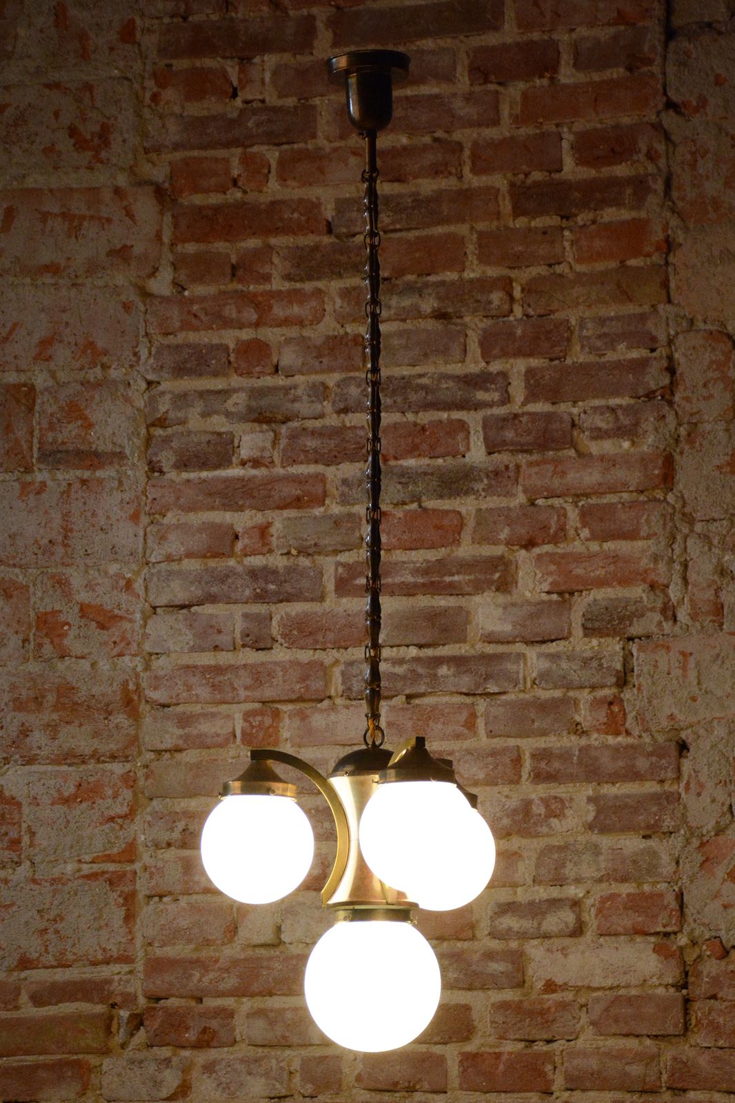 550.0 Restored Art Deco Dissociative Chandelier, Brass, Opaline Glass, Czech, 1920s photo