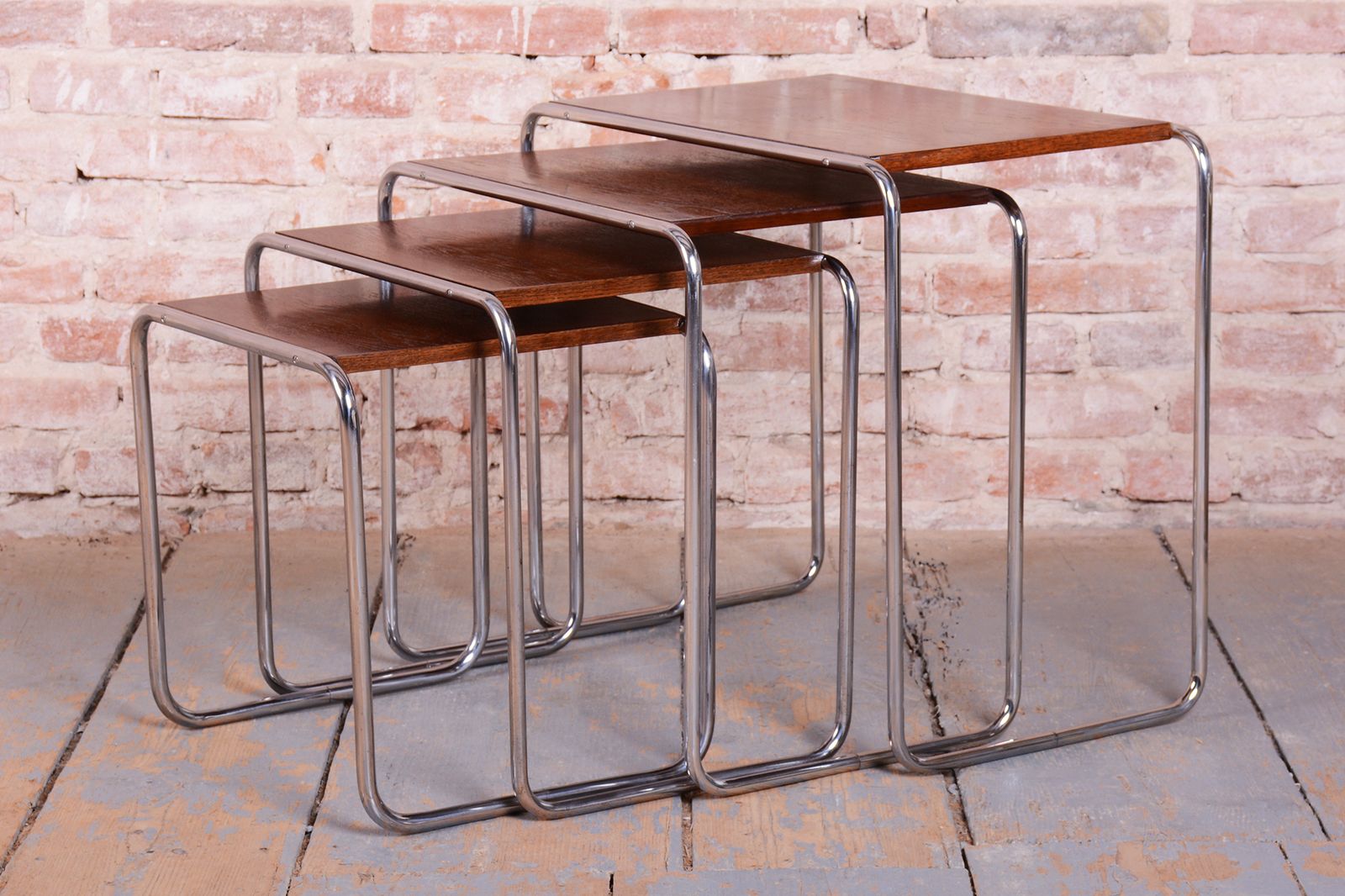 Restored Nesting Tables, By M. Breuer For Thonet, Oak, Chrome, Czech, 1920s photo 2700.0