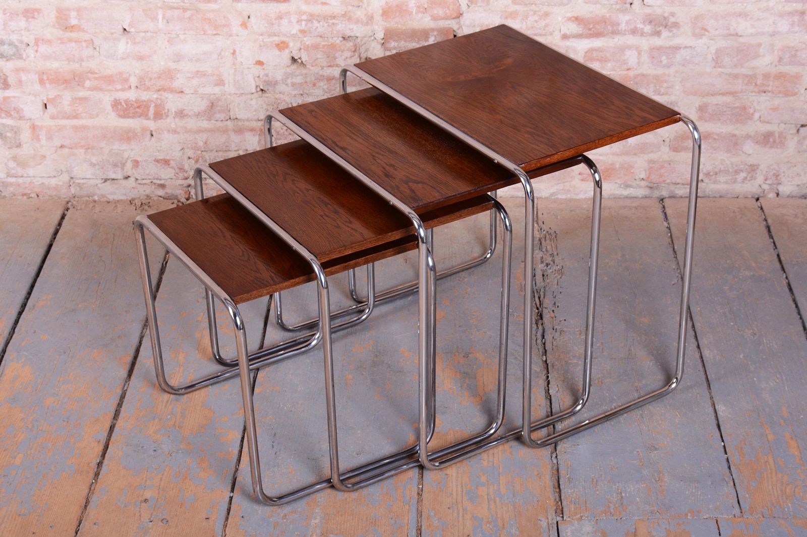 Restored Nesting Tables, By M. Breuer For Thonet, Oak, Chrome, Czech, 1920s photo vinterior