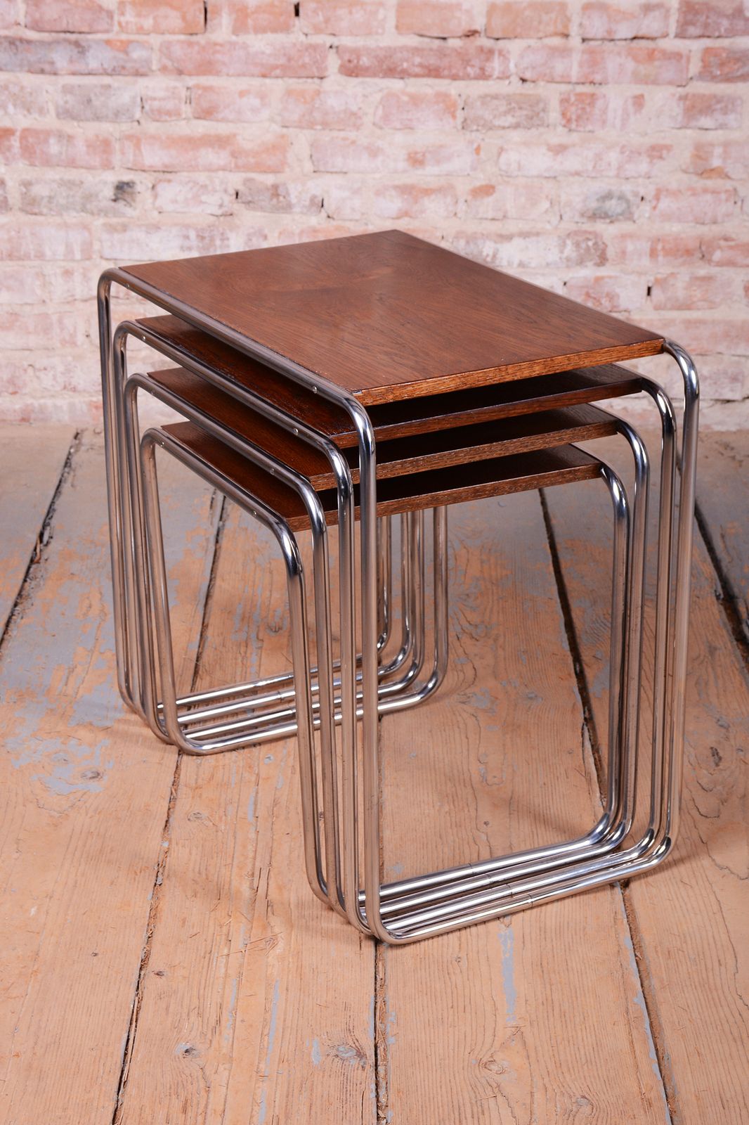 Restored Nesting Tables, By M. Breuer For Thonet, Oak, Chrome, Czech, 1920s photo vintage