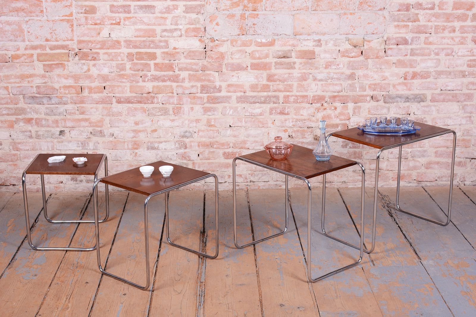 Furniture Restored Nesting Tables, By M. Breuer For Thonet, Oak, Chrome, Czech, 1920s photo
