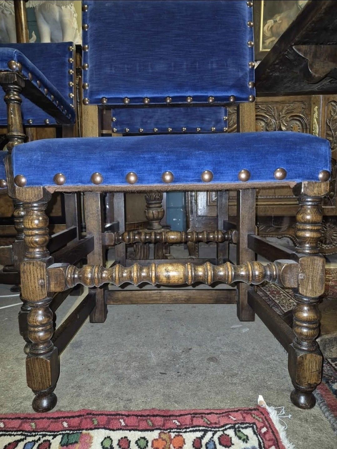 Five Epic Blue Velvet Cromwellian Style Vintage Oak Dining Chairs  4 + 1 Carver photo for sale