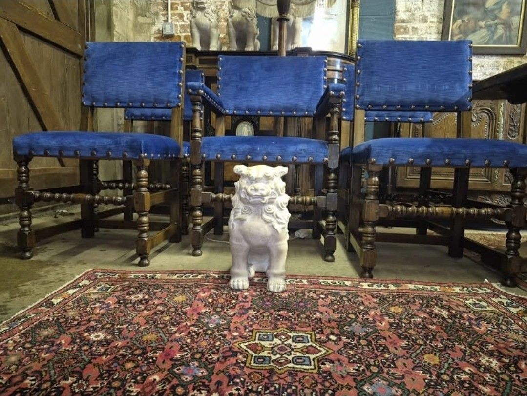 Five Epic Blue Velvet Cromwellian Style Vintage Oak Dining Chairs  4 + 1 Carver photo buy