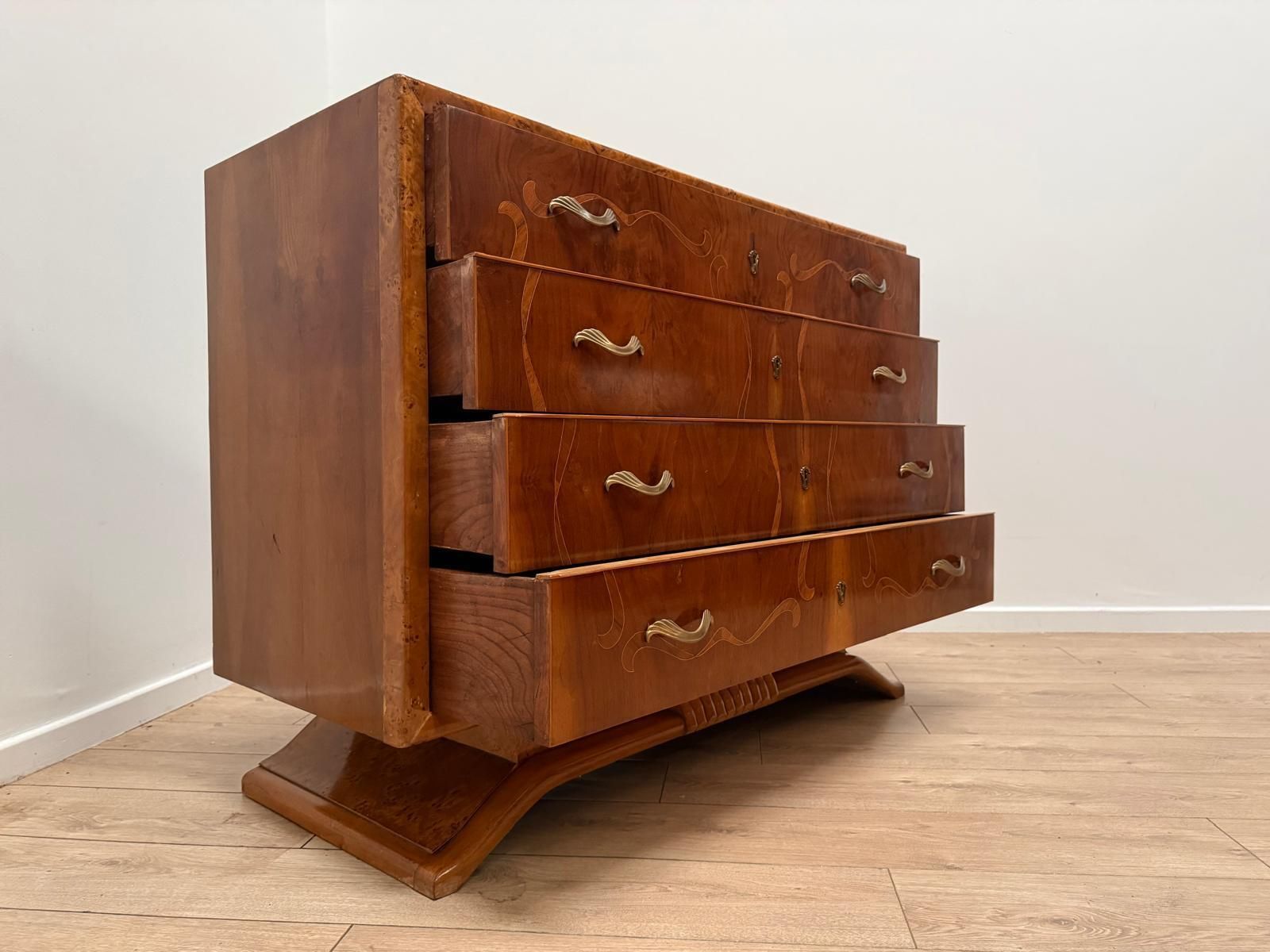 photo for sale Beautiful Italian Inlaid Art Deco Walnut Route Chest Dresser Delivery Available 0179.