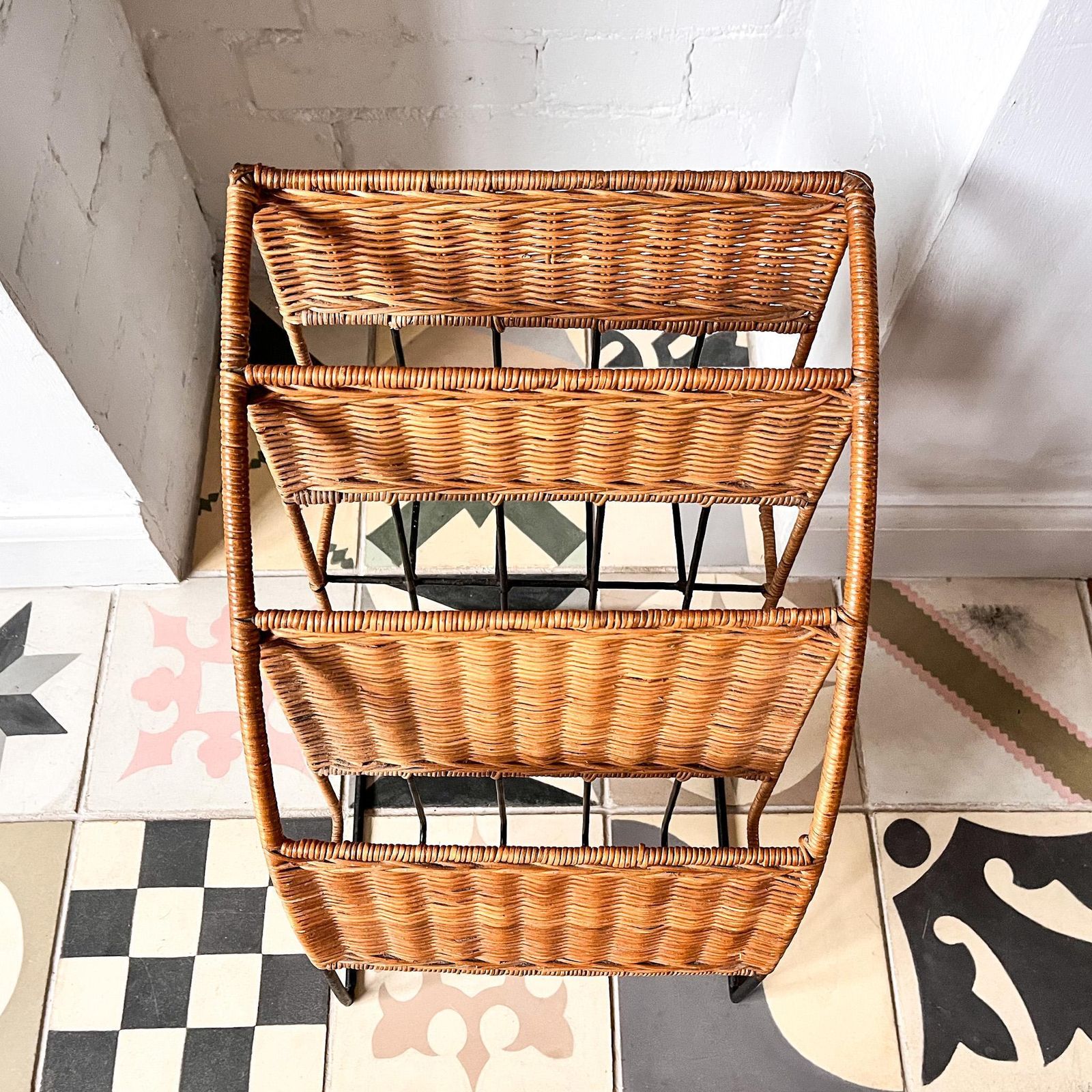 Vintage Three Tier Rattan Magazine Rack Attributed To Raoul Guys photo for sale