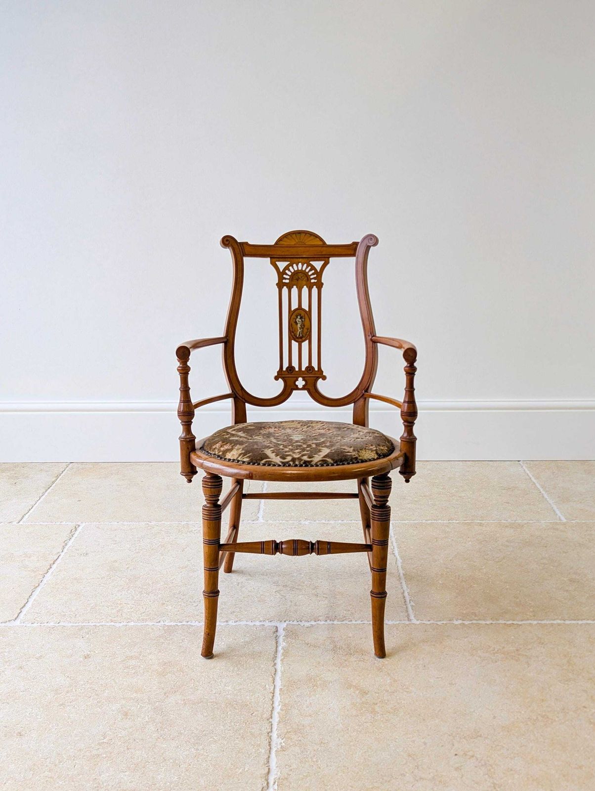 Antique Victorian Satinwood Lyre Back Elbow Chair C.1890 photo furniture