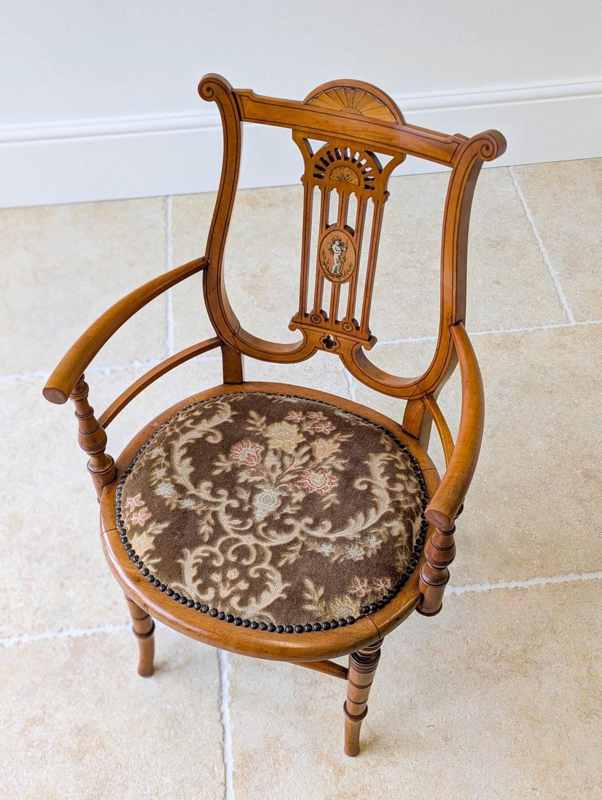 Antique Victorian Satinwood Lyre Back Elbow Chair C.1890 photo Furniture