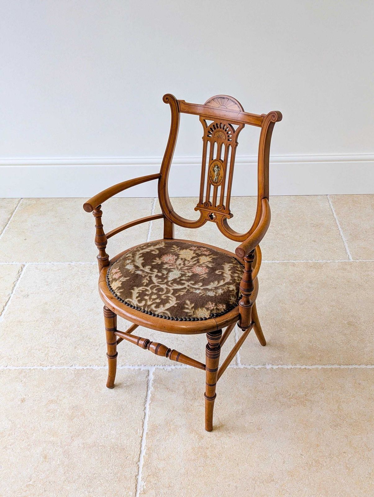 Antique Victorian Satinwood Lyre Back Elbow Chair C.1890 photo vinterior
