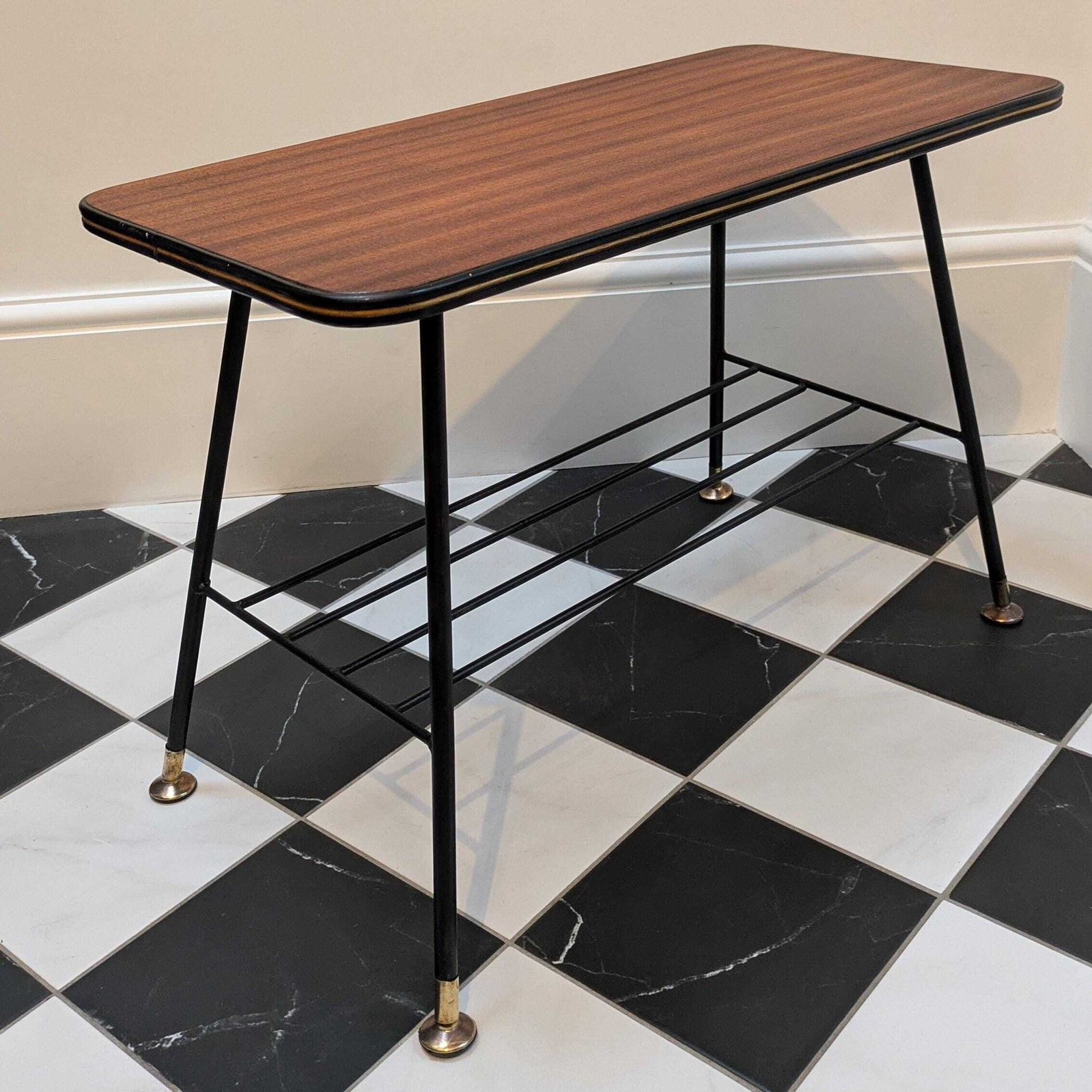 Mid Century Modern Atomic End Table With Teak Veneered Top & Metal Base | Vintage Style Lamp Table photo 120.0