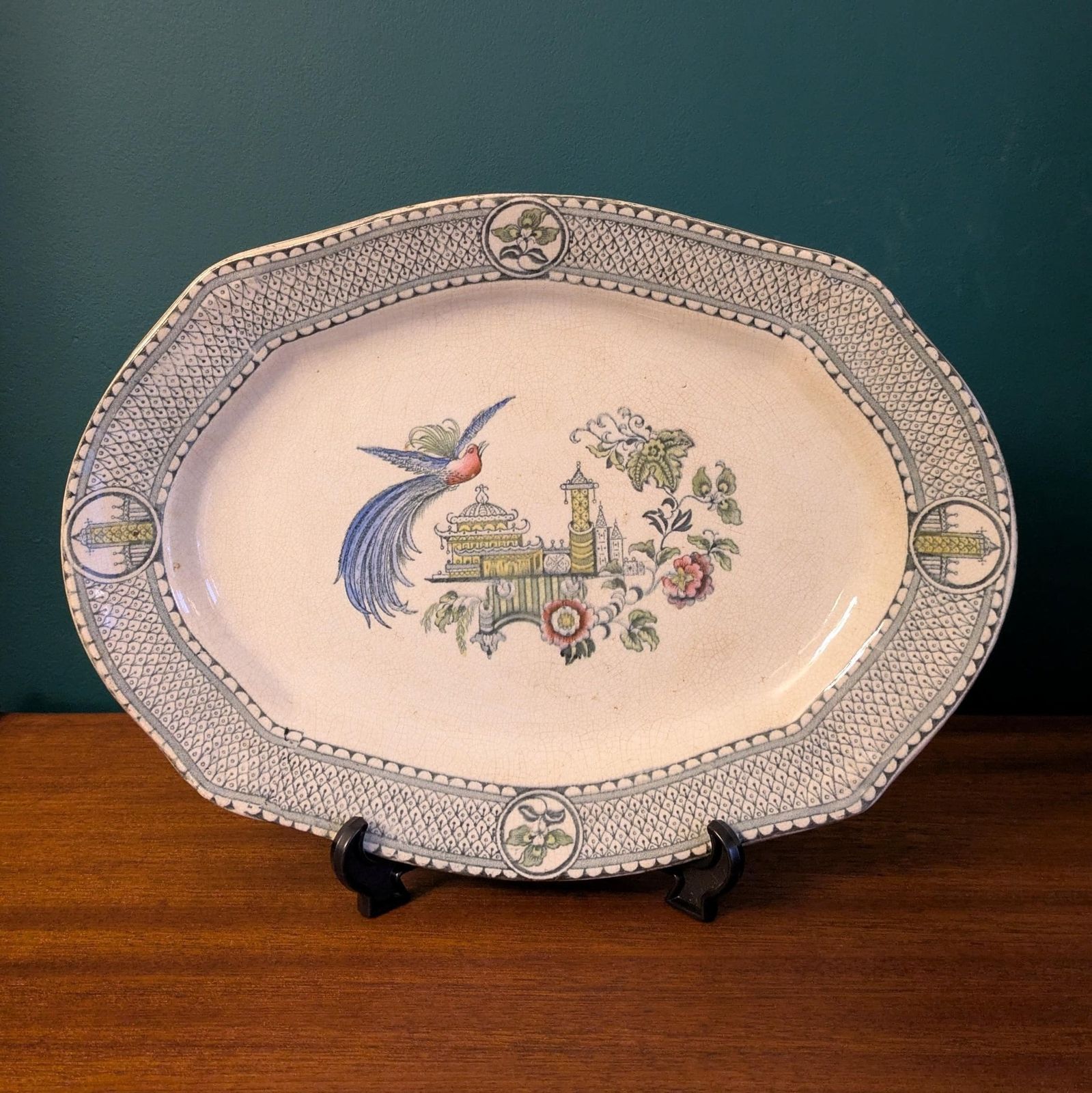 Antique S F & Co B Ltd Minaret Platter 37cm | Lincoln Pottery England | Chinoiserie Bird Design | C.1912–1939