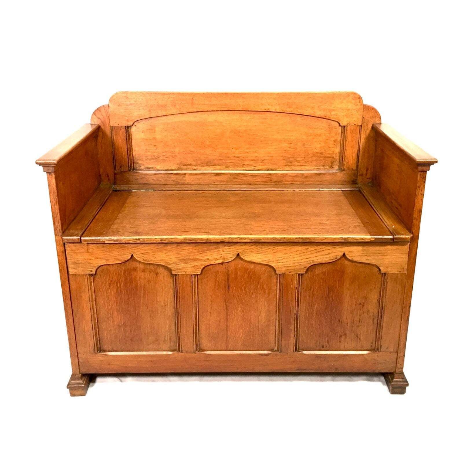 Antique Early 20th Century Oak Wooden Entrance Hall Monks Bench / Storage Seat