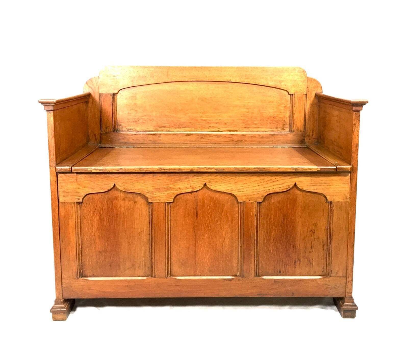Antique Early 20th Century Oak Wooden Entrance Hall Monks Bench / Storage Seat photo vintage