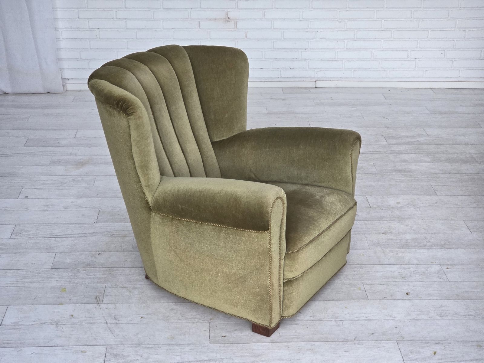 1960s, Danish Relax Armchair, Original Green Furniture Velour, Beech Wood. photo furniture