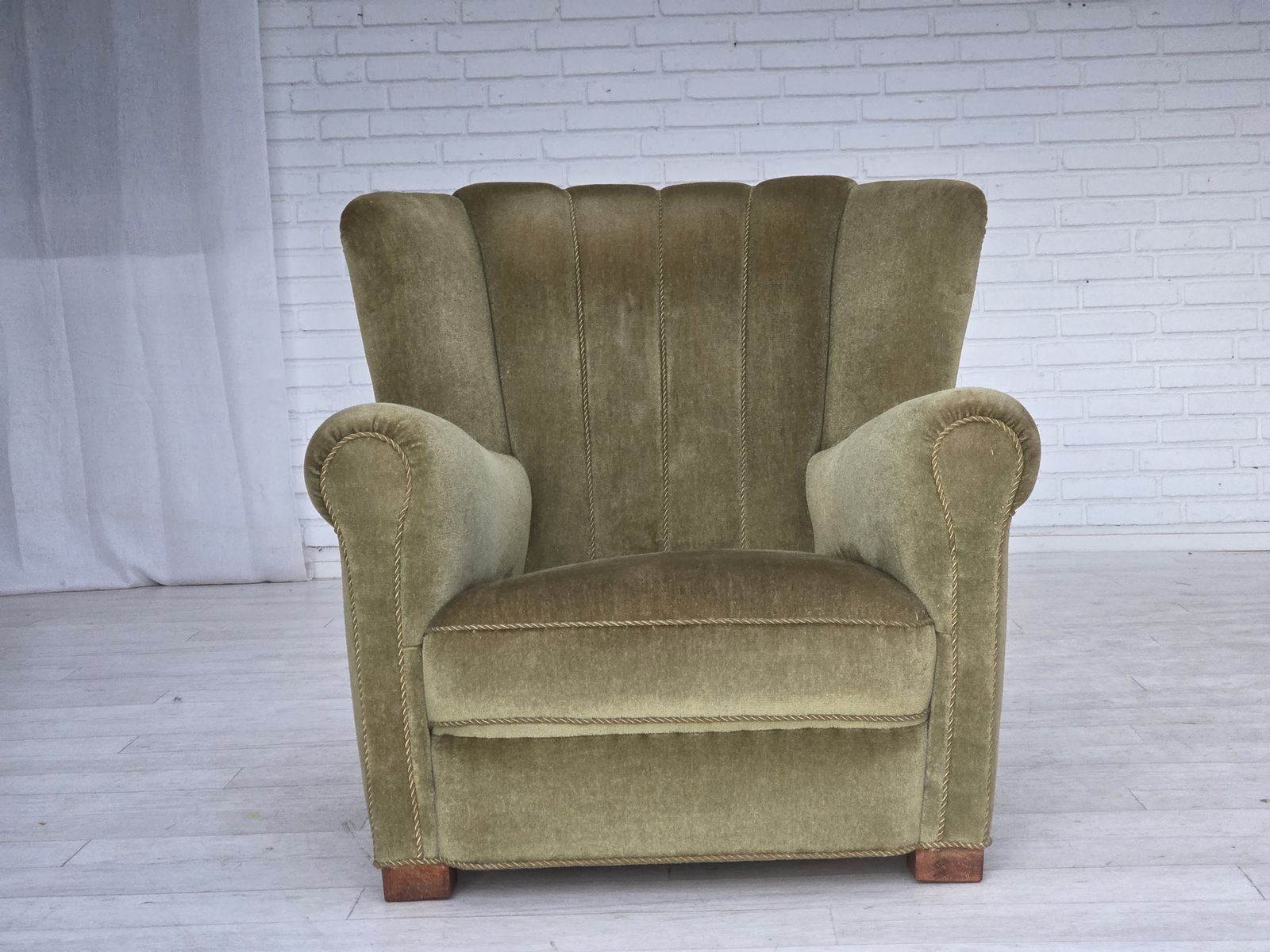 1960s, Danish Relax Armchair, Original Green Furniture Velour, Beech Wood. photo vintage