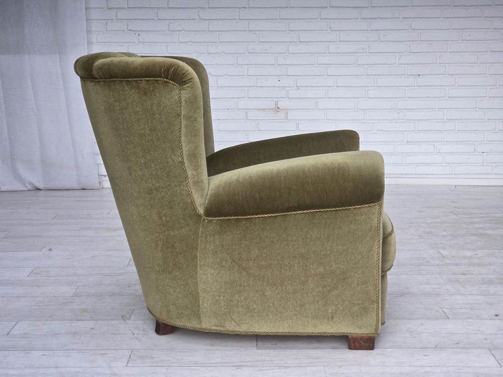 photo for sale 1960s, Danish Relax Armchair, Original Green Furniture Velour, Beech Wood.