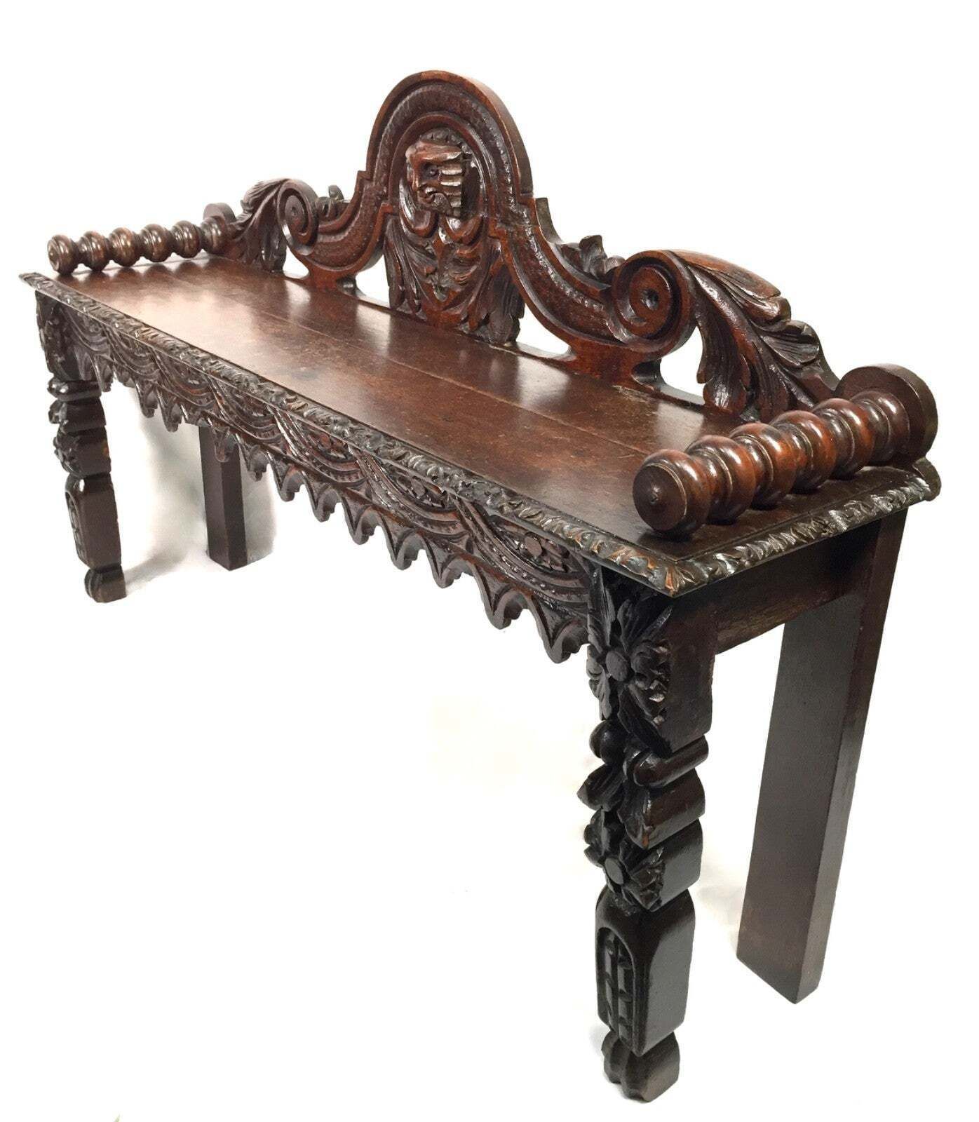 Antique Oak Carved 19th Century Green Man Window Seat / Bench / Gothic Revival photo furniture