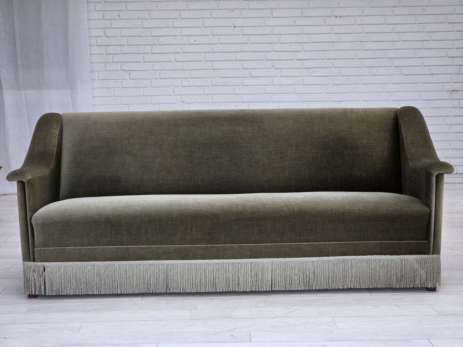 1970s, Danish 3 Seater Sofa, Green Furniture Velour, Beech Wood. photo furniture