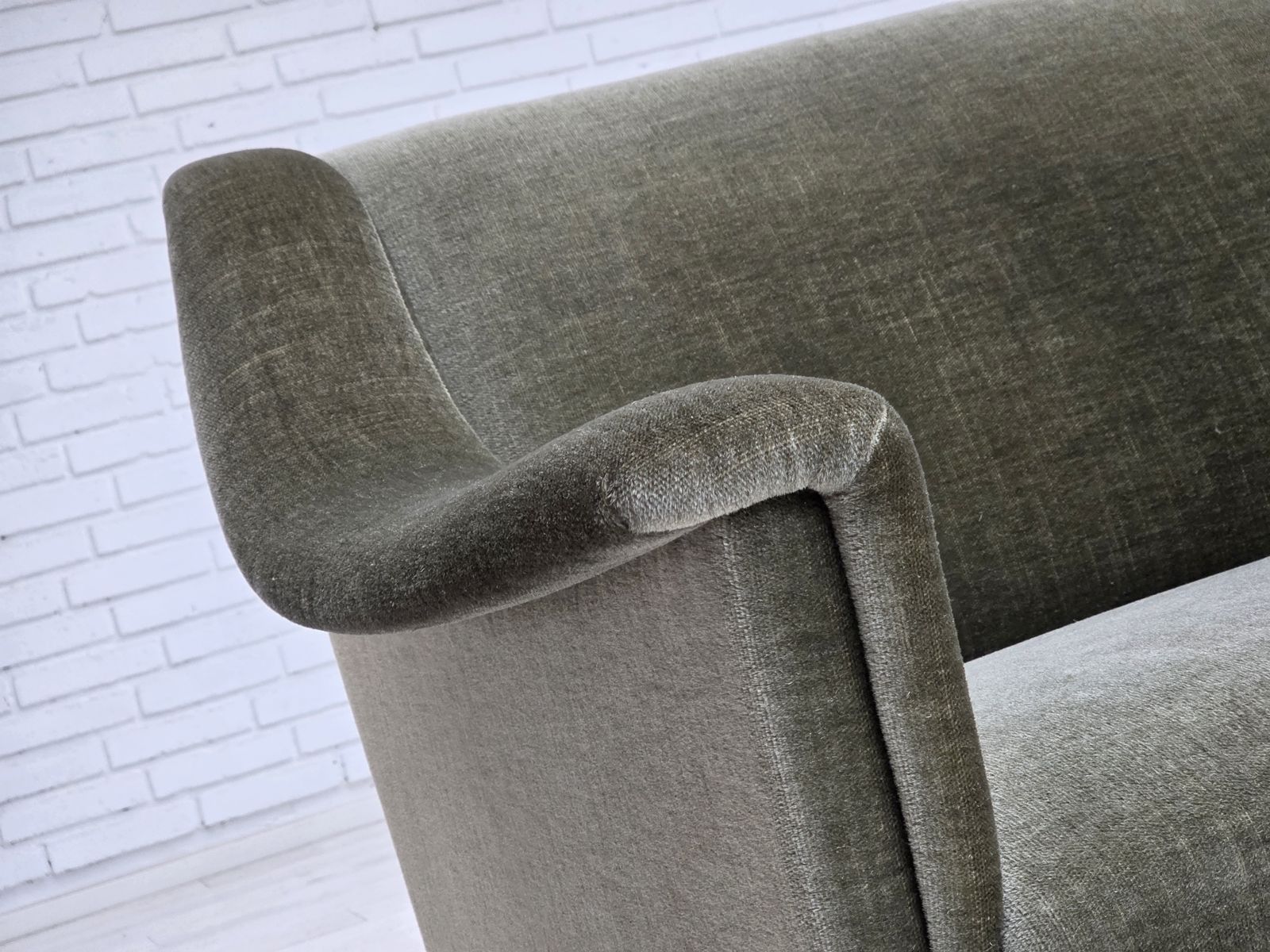 1970s, Danish 2 Seater Sofa, Green Furniture Velour, Beech Wood. photo Furniture