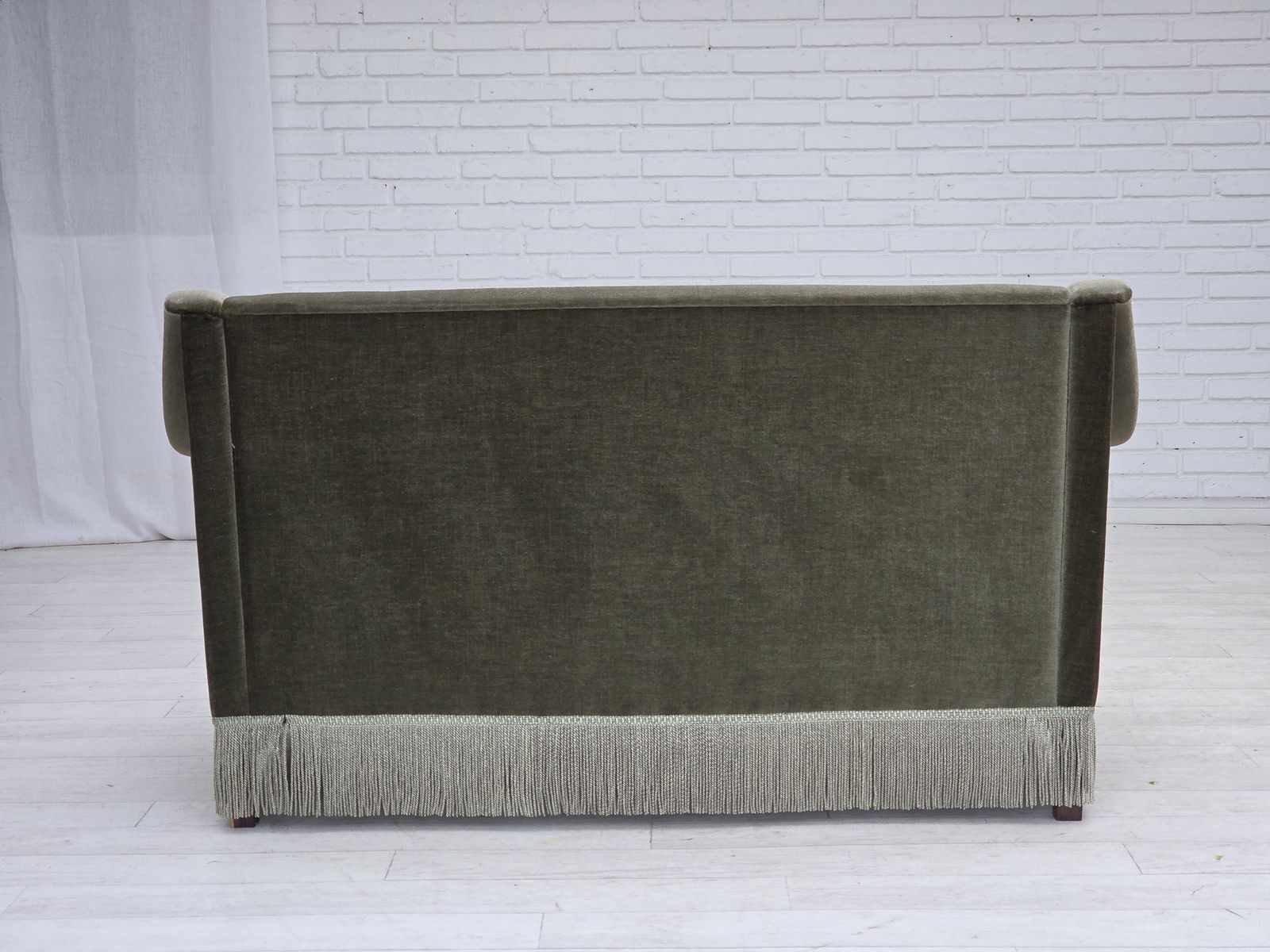 photo buy 1970s, Danish 2 Seater Sofa, Green Furniture Velour, Beech Wood.