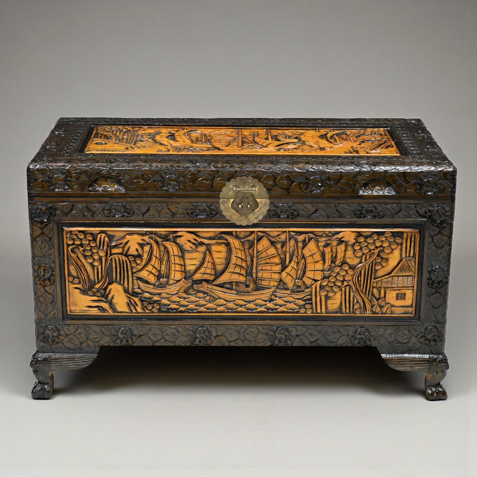 Chinese Carved Chest Camphor Wood Fine Carvings H60cm X W104cm X D56cm
