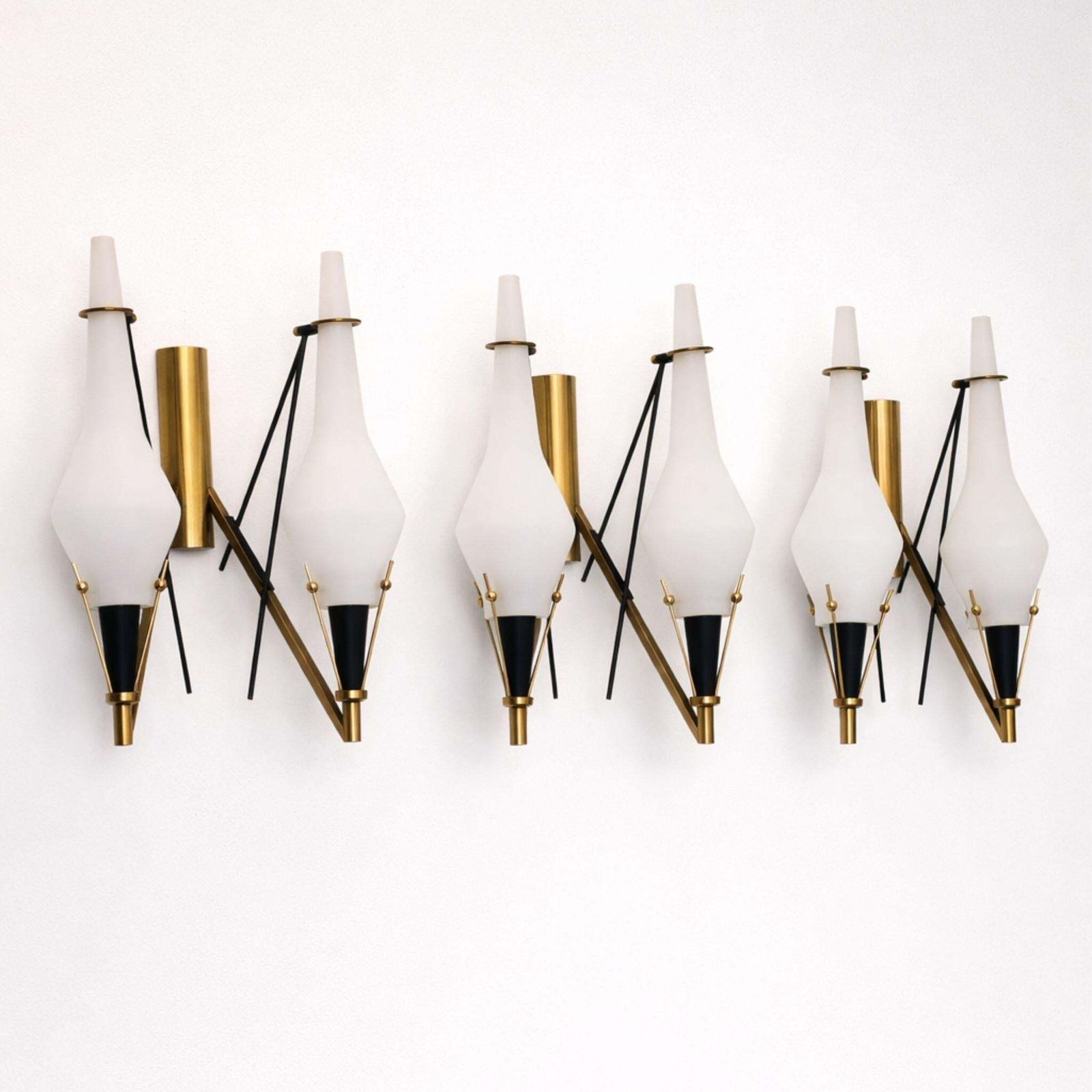 Set Of Three Brass And Opaline Glass Wall Sconces In The Style Of Stilnovo, 1960 photo 1552.0