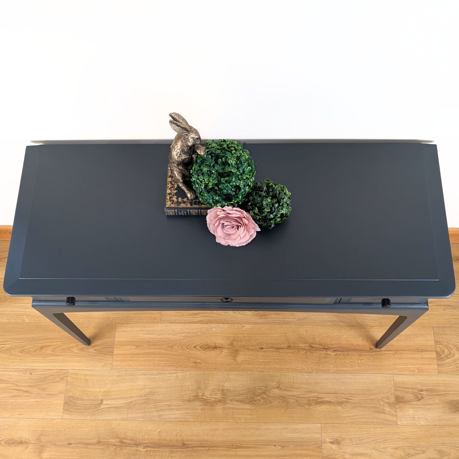 Vintage Stag Minstrel Console, Painted Dark Neutral Blue. Three Drawers With Modern Black Handles photo vinterior