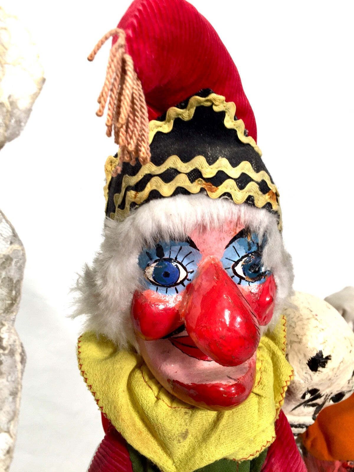 Antique Set Of Punch & Judy Character Hand Puppets By Wal Kent On Display Stand photo for sale