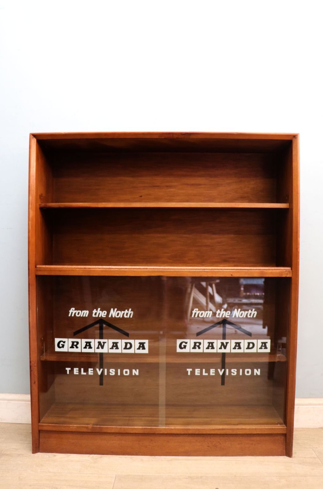 This Retro Teak Bookcase Cabinet By Herbert Gibbs,  Later Sign Written For Granada Television.