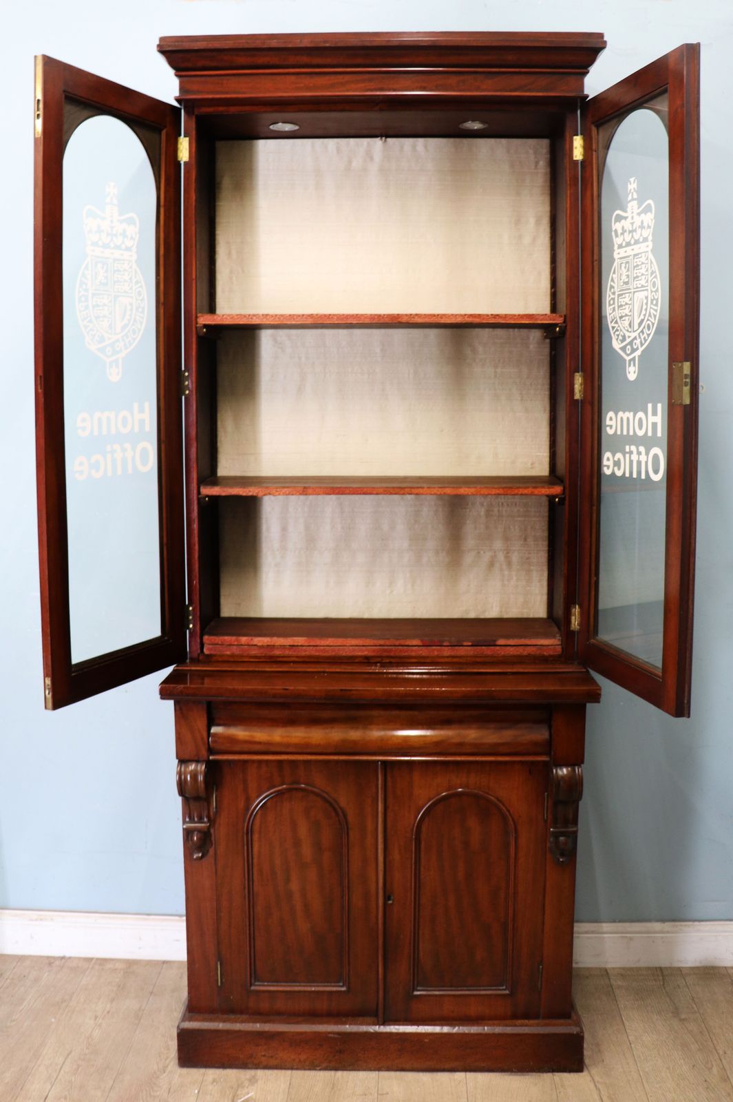 A Beautiful Quality Victorian Mahogany Cabinet, Later Sign Written With The Home Office Logo. photo furniture