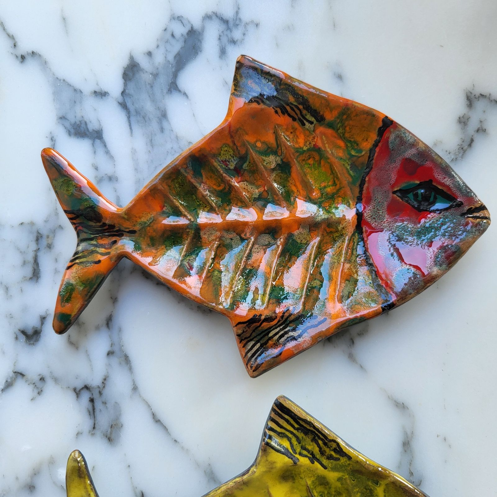 Trio Of Hand Painted Mid Century Ceramic Fish Dishes, San Marino, 1960s photo Home Decor