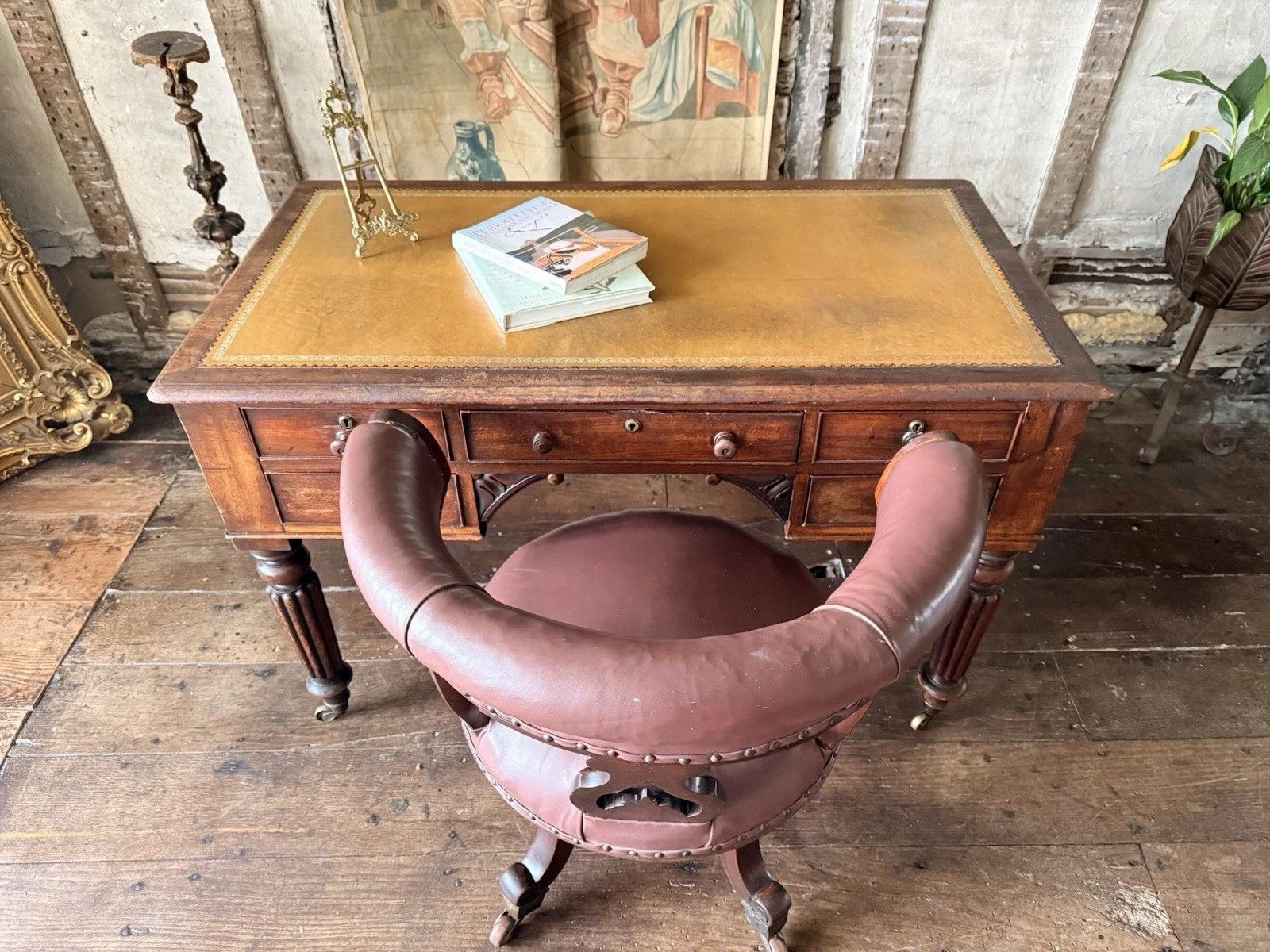 Antique Mahogany Brown Leather Victorian Office Desk Horseshoe Chair 1880c photo for sale