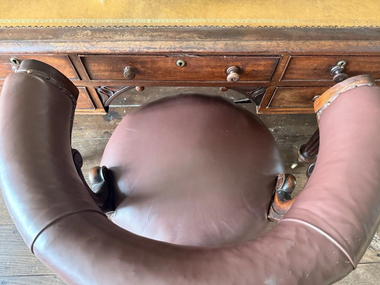 Antique Mahogany Brown Leather Victorian Office Desk Horseshoe Chair 1880c photo vinterior