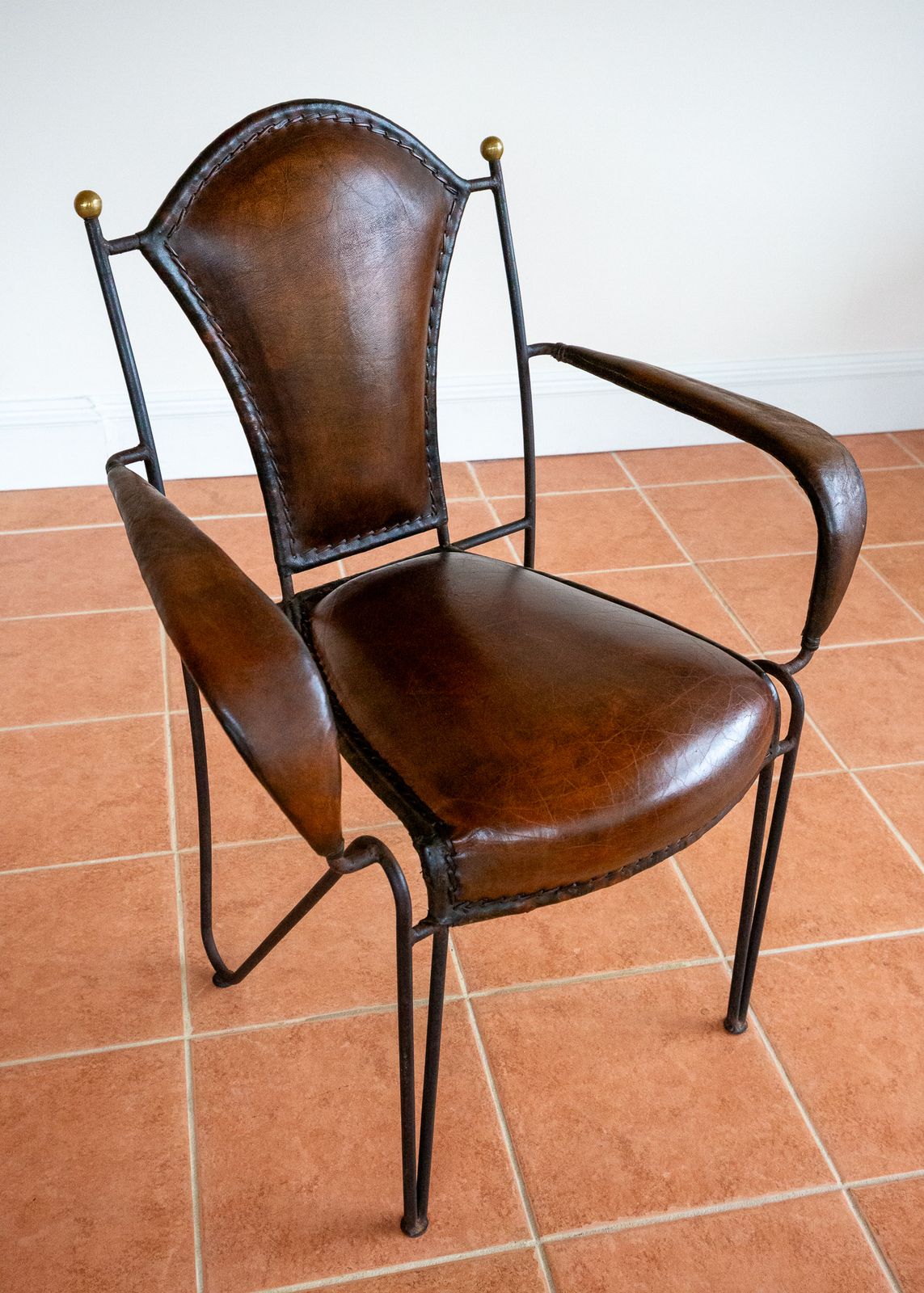 Furniture Single Armchair Iron Leather Artisan Jacques Adnet Chairs Brass 1950s Mcm French M.Odernist Bauhaus Modernism Stitched Leather Sculptural Machinisme photo