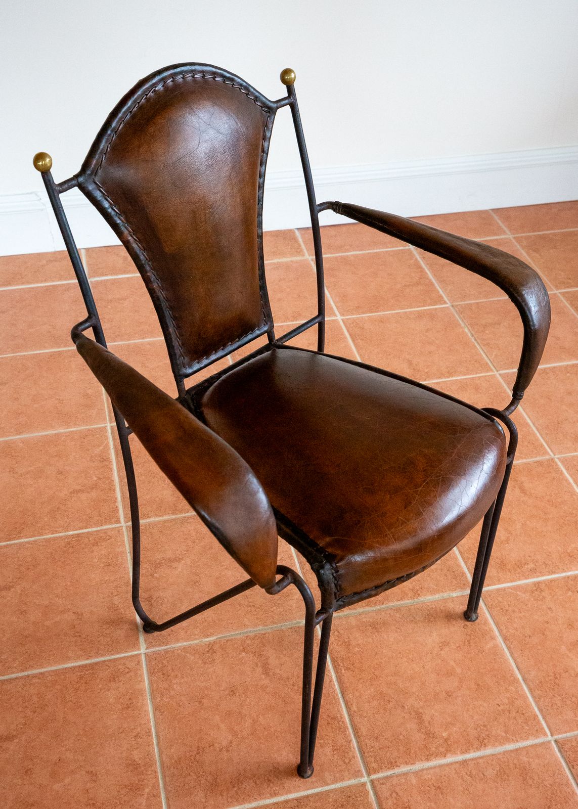 photo buy Single Armchair Iron Leather Artisan Jacques Adnet Chairs Brass 1950s Mcm French M.Odernist Bauhaus Modernism Stitched Leather Sculptural Machinisme