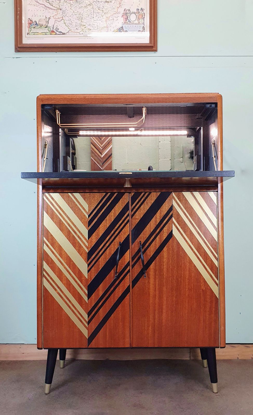 Mid Century Modern Drinks Cabinet With Black & Gold Geometric Design photo furniture