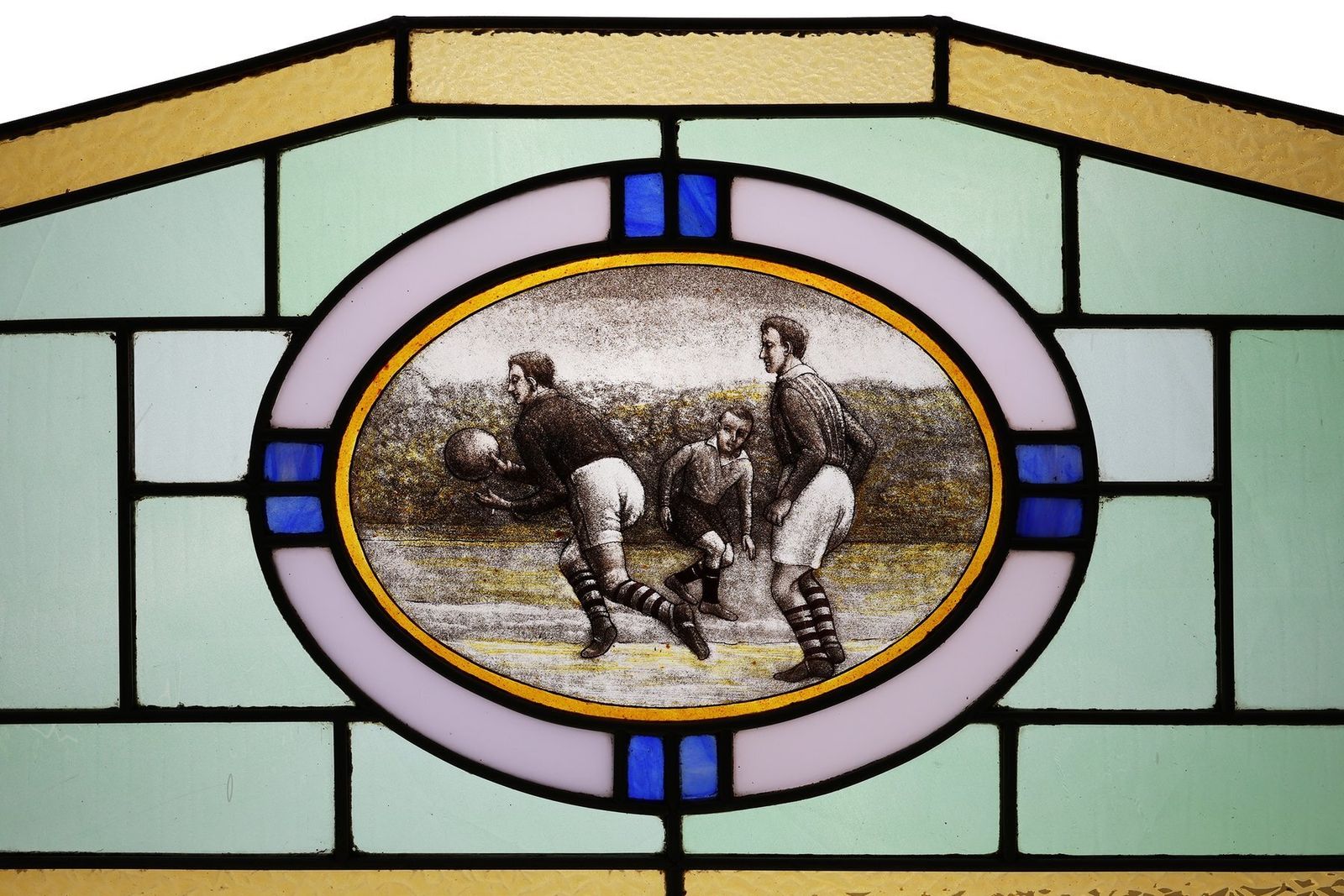 Art Deco Stained Glass Panel Depicting Early Football Scene, Belgium, 1910s photo furniture