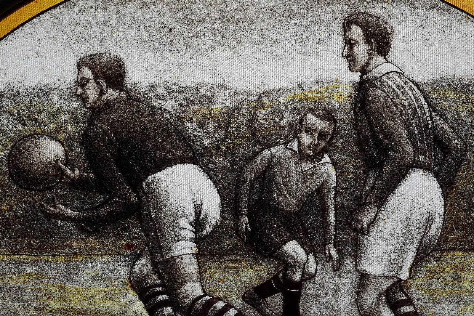 Art Deco Stained Glass Panel Depicting Early Football Scene, Belgium, 1910s photo for sale
