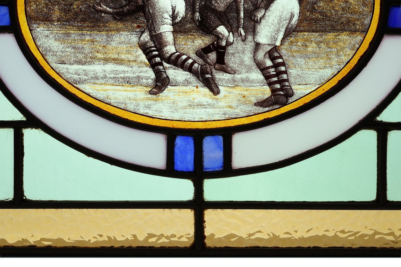 Art Deco Stained Glass Panel Depicting Early Football Scene, Belgium, 1910s photo 3105.0