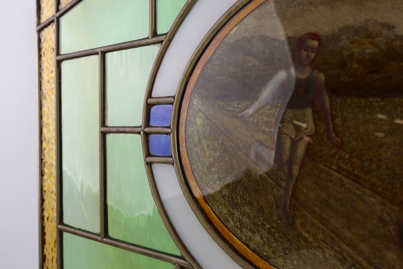 Art Deco Stained Glass Panel Depicting Runners In Motion, Belgium, 1910s photo buy