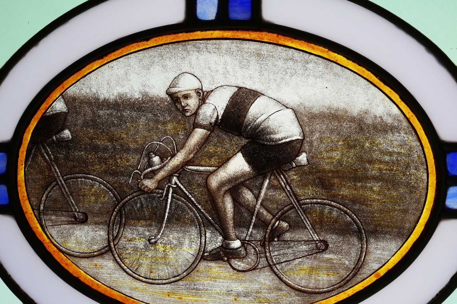 Art Deco Stained Glass Panel Depicting Cyclists In Motion, Belgium, 1910s photo for sale