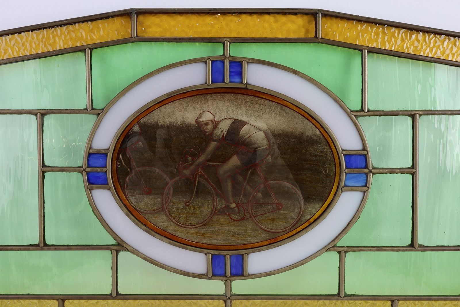 Art Deco Stained Glass Panel Depicting Cyclists In Motion, Belgium, 1910s photo vintage