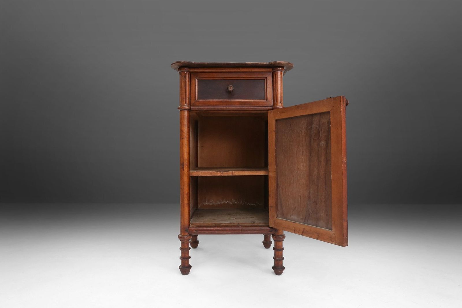 Art Deco Sculptural Nightstand In Dark Stained Wood, Belgium, 1930s photo vinterior