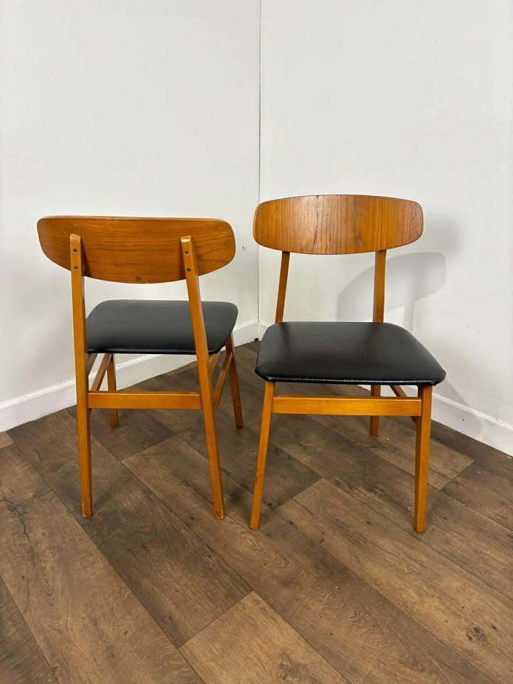 Pair Of Mid Century Teak Chairs With Black Upholstery photo buy