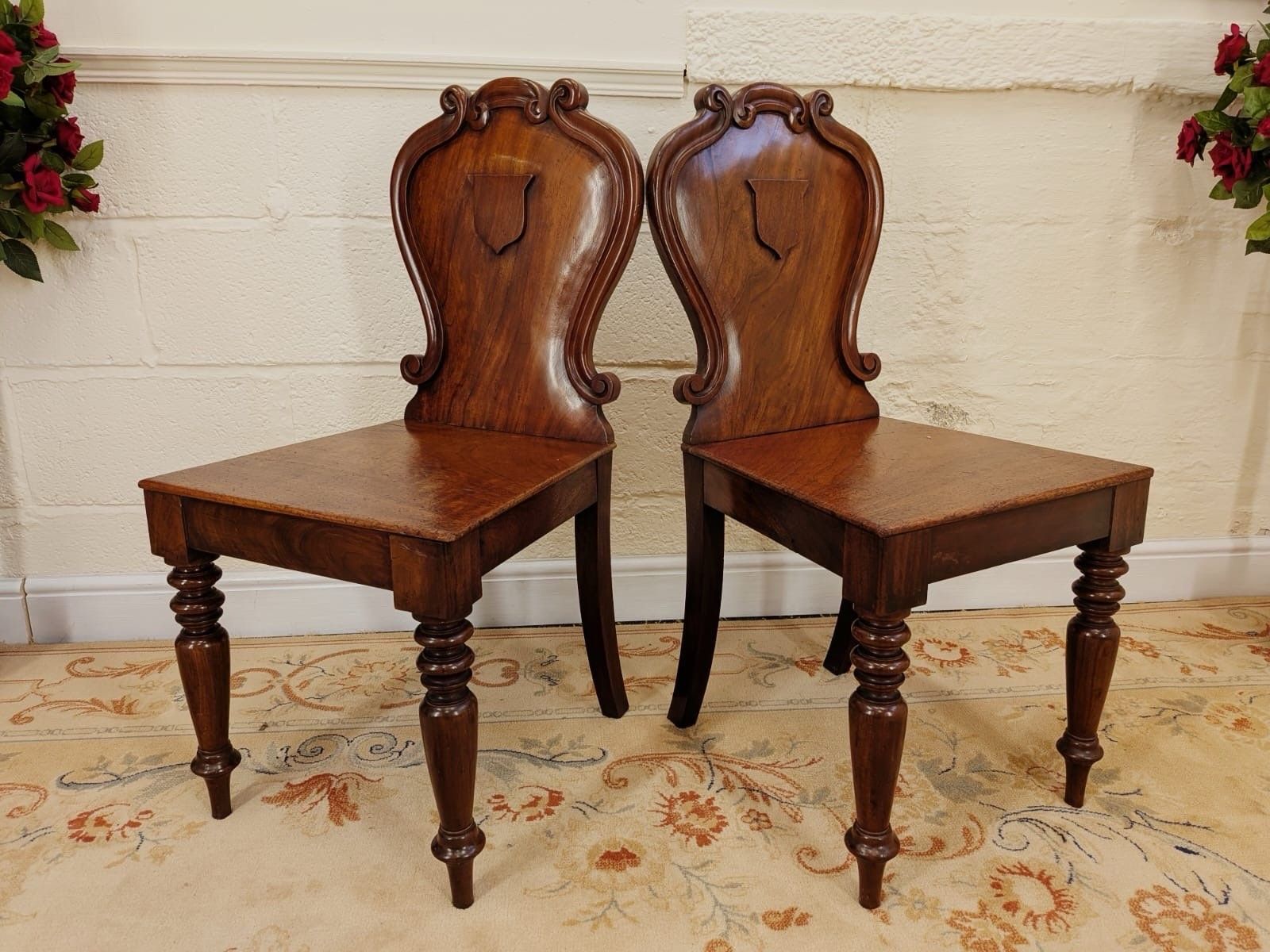 Pair Of Victorian Mahogany Shielded Back Hall Chairs